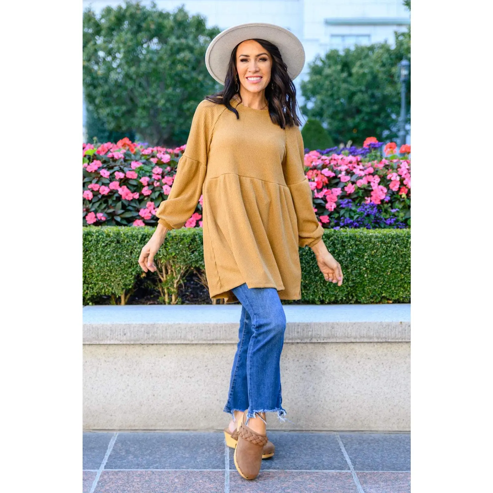 Melrose Ribbed Knit Raglan Tunic In Mustard