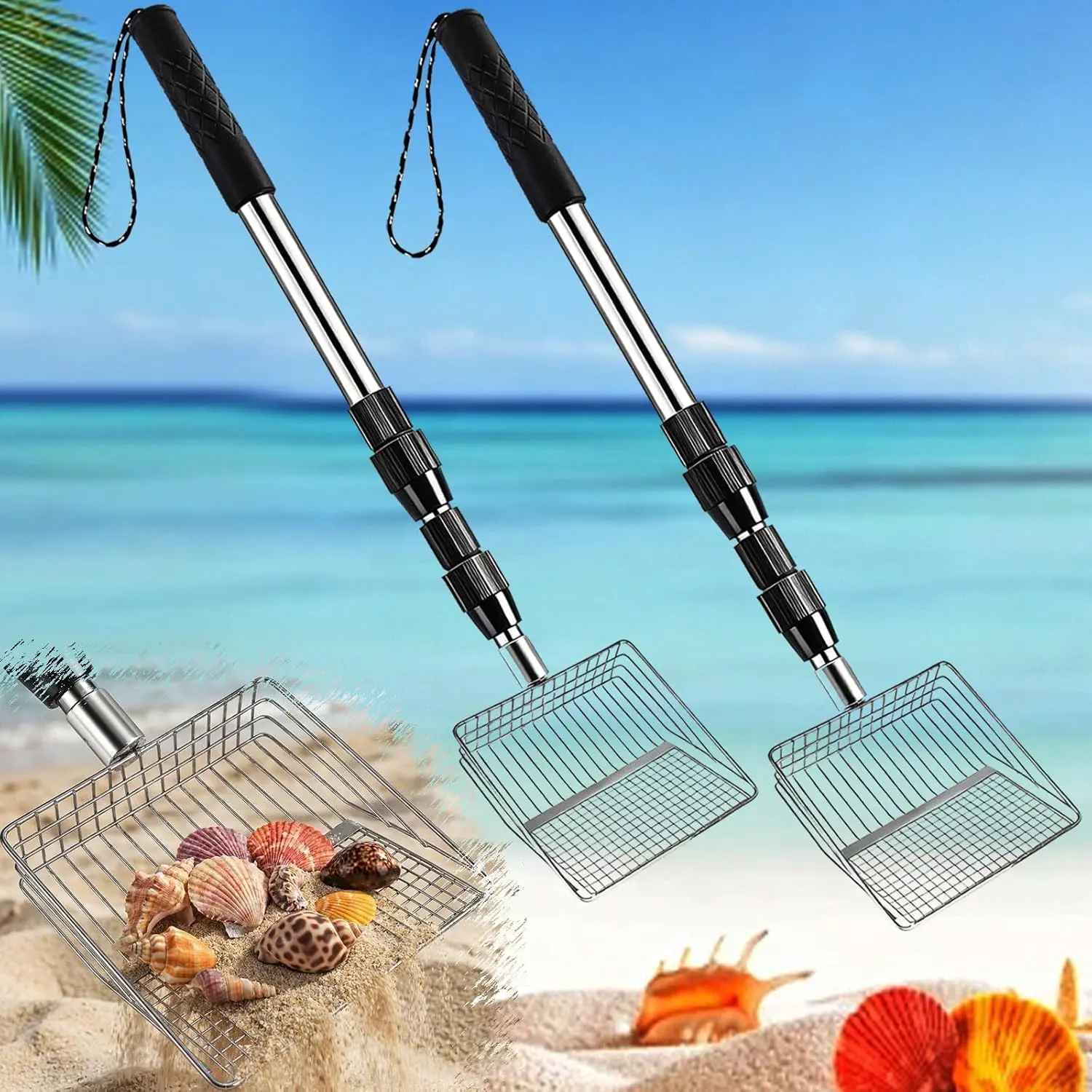 Upgraded 2Pack Shark Tooth Sifter, Shell Scooper for Beach, Sand Sifter Shovel Shelling Tools with Adjustable Stainless Steel Long Handle for Easy Digging, Shark Teeth Sifter Dipper