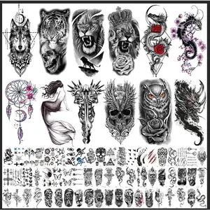 72 Sheets Temporary Tattoo – 12 Large & 60 Medium Black Arm Tattoos for Men, Forearm & Women Thigh, Half Sleeve Animal Dragon Lion Tiger Wolf, Dream Catcher, Death Skull Compass Flower Fake Tattoo Stickers for Adults