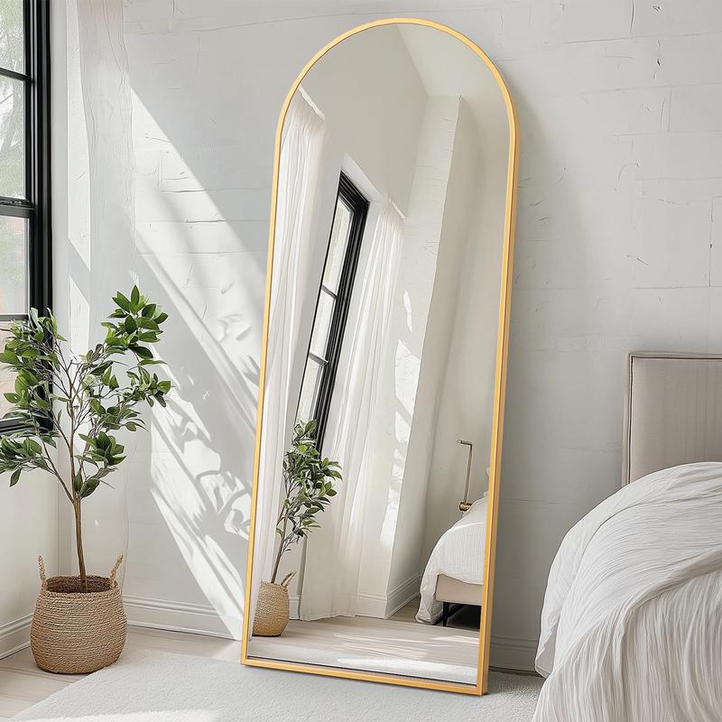 71" Full-Length Mirror with Stand - Freestanding/Wall-Mounted Floor Mirror, Shatterproof Nano Glass & Aluminum Frame, Right Angle/Rounded Corners (Gold/Black)