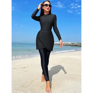Muslim Swimwear Women Modest Patchwork Hijab Long Sleeves Sport Swimsuit 3pcs Islamic Burkinis Wear Bathing Suit, Quick Drying