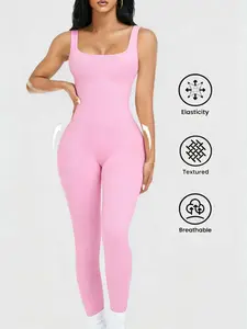 Womens Workout Rompers Jumpsuits Seamless Ribbed Yoga Gym One Piece Sleeveless Square Neck Tank Top Leggings Unitard