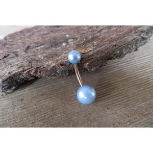 Rose Gold Baby Blue Faux Pearl Belly Ring 14g (1.6mm) Piercing