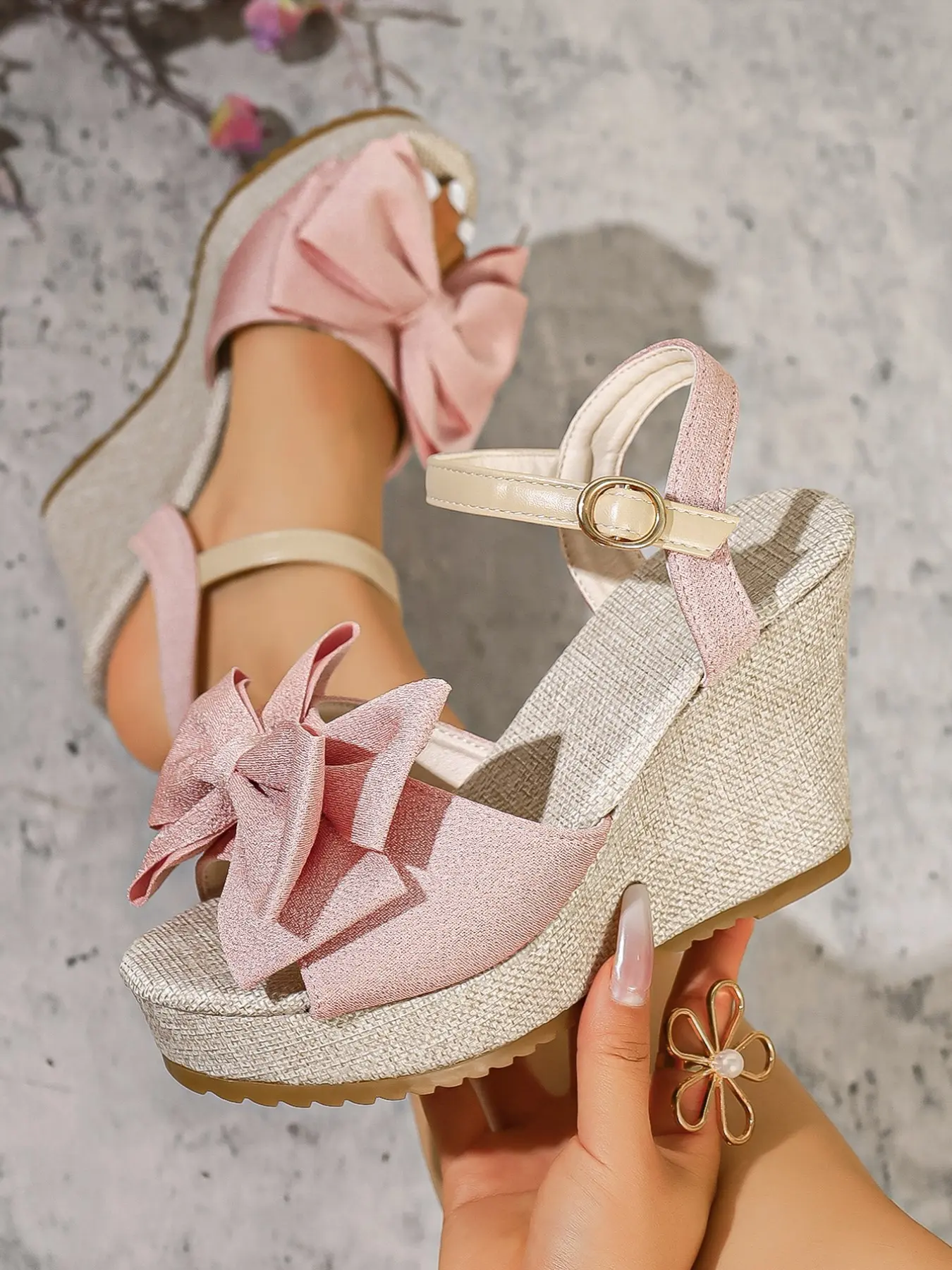 Versatile Thick Sole Casual Wedge Heel Sandals with Bow Decoration, Comfortable Everyday High Heel Shoes, Summer Open-Toe Walking Sandals for Women