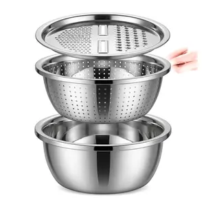 3-In-1 Stainless Steel Multi-Functional Strainer Set, Includes Basin/sieve/cutter, Ideal for Washing Rice Fruits Vegetables Kitchen Essentials