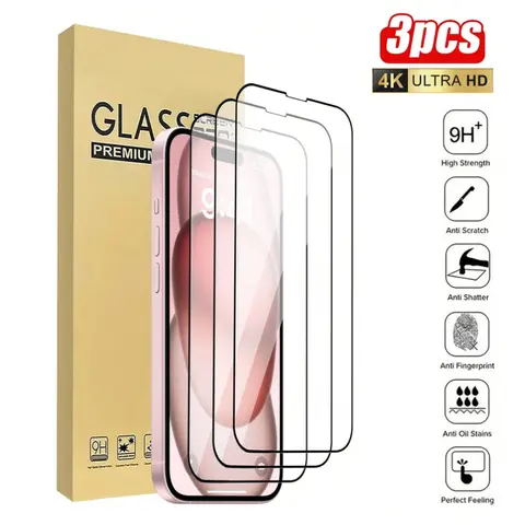 3 Pcs Protective Tempered Drop-Safe Glass Phone Screen Protectors for iPhone - Compatible Aftermarket Accessory for 18Pro,17 Air,16e,16 Pro Max,15,14,14 Pro,14 Plus,13,13 Mini,12,11,SE,X,XS,7,8 - Waterproof, Shockproof, Scratch-Resistant