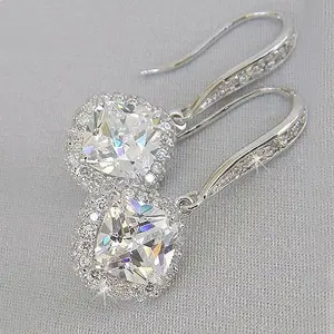 Wedding Bridal Drop Earrings Full Of Shiny Zircon Inlaid Rhombus Shape Synthetic Gems Hook Dangle Earrings For Women & Girls