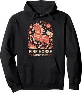 Men's Chinese New Year celebration, Fire Horse zodiac symbol for 2026 Graphic Hoodie - Cotton Blend Black Long Sleeve Pullover Regular Fit | Soft & Breathable Fabric, Durable Print, Everyday Comfort, Machine Washable, traditional Chinese artistic design