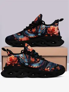 Men's Fashionable Dragon & Rose Pattern Lace Up Sneakers, Casual Comfortable Breathable Sports Running Shoes, Male All-match Round Toe Shoes for Daily Wear