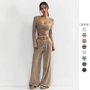 Trendy Women’s Stripe Two-Piece Set – Slouchy Square Neck Long Sleeve Crop Top & Low-Rise Wide Leg Trousers, Minimalist Chic Co-Ord Outfit, Stylish Womenswear Clothes Compression Cropped Drawstring Elegance Fabric Matching Original Pants Polyester Slim