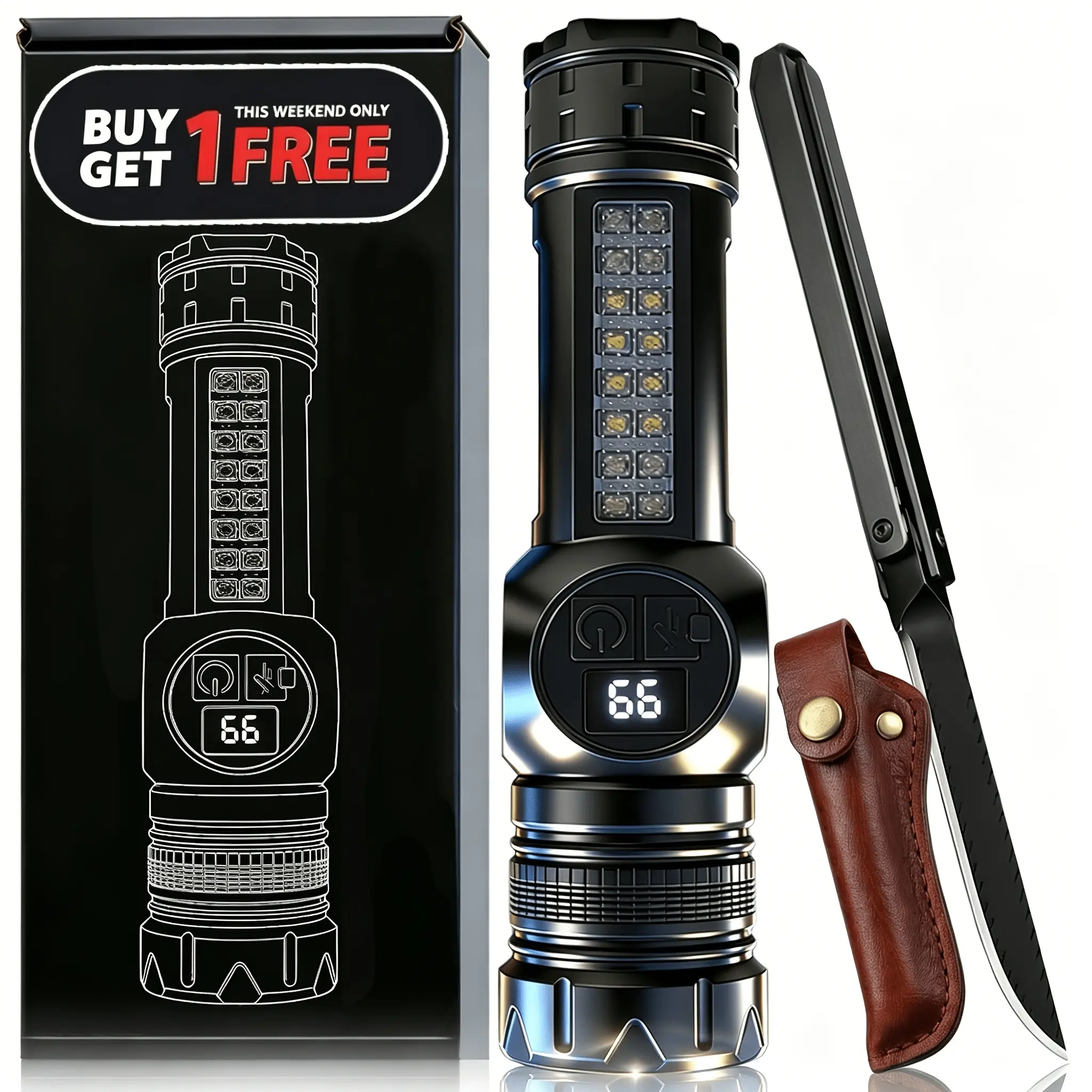 Flashlight Super Bright Rechargeable EDC Pocket Knife 5 Light Modes Digital Display Magnetic Flashlight Zoomable Long Battery Life Survival Gear for Camping Hiking Hunting Emergency Men'S Tool Gift Father'S Day Surprise Gift
