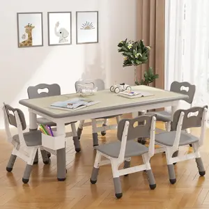 Kids Table and Chair Set, Height Adjustable Toddler Table and 4 Chairs Set for Ages 2-10, Graffiti Desktop, Non-Slip Legs, Arts & Crafts Table, Children Activity Table for Daycare Classroom Home，Dark Gray