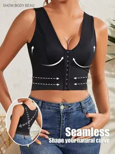 1 Count Women's Tummy Control Body Shaping Camisole Top - Posture-Correcting Shirt with Front Hook-and-Eye Closure, Seamless Waist Trainer for Everyday & Formal Outfits, Stylish Undergarment, Shapewear, Smooth Texture Tee for All Body Types