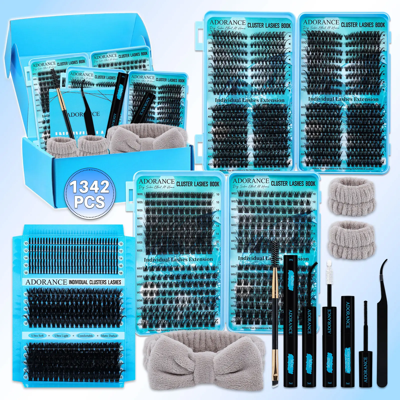 1342PCS/608PCS Lash Clusters, Cluster False Eyelashes, Volume Eyelash, Individual Eyelash Kit D Curl 11 Styles Mix10-18mm Wispy/Volume Lashes Kit with Bond&Seal Lash Remover Lash Brush Lash Applicator Headband Wristband, For Beginners&Pros