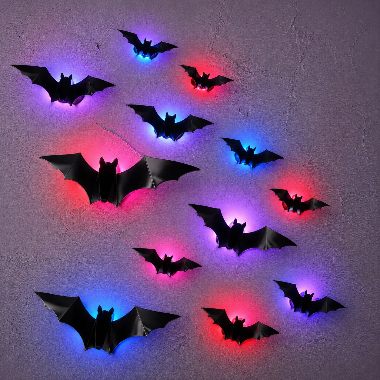 12-Piece 3D LED Bat Wall Decorations, Color-Glow Halloween Bat Stickers with Foldable Wings, Peel-and-Stick Spooky Decor for Walls, Doors and Parties
