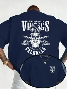 Men's Casual Classic Short Sleeve Round Neck T-Shirt, Viking Skull Print, Knit Fabric, Breathable, Comfortable Fit, Perfect for Leisure and Home Wear