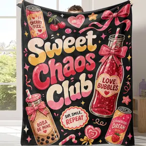 Viral Sweet Chaos Club Coquette Blanket – Ultra Soft Pink Retro Soda & Boba Fleece Throw, Perfect for Kawaii/Coquette Room Decor, Birthdays, Holidays, or Just-Because Gifts to Wrap in Playful Sweet Vibes & Cozy Comfort