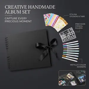Black Spiral-Bound DIY Scrapbook Album Kit with Ribbon Closure, Complete Memory Book Set with Markers, Stickers & Stencils for Personalized Photo Journaling, Wedding, Anniversary & Travel Memories