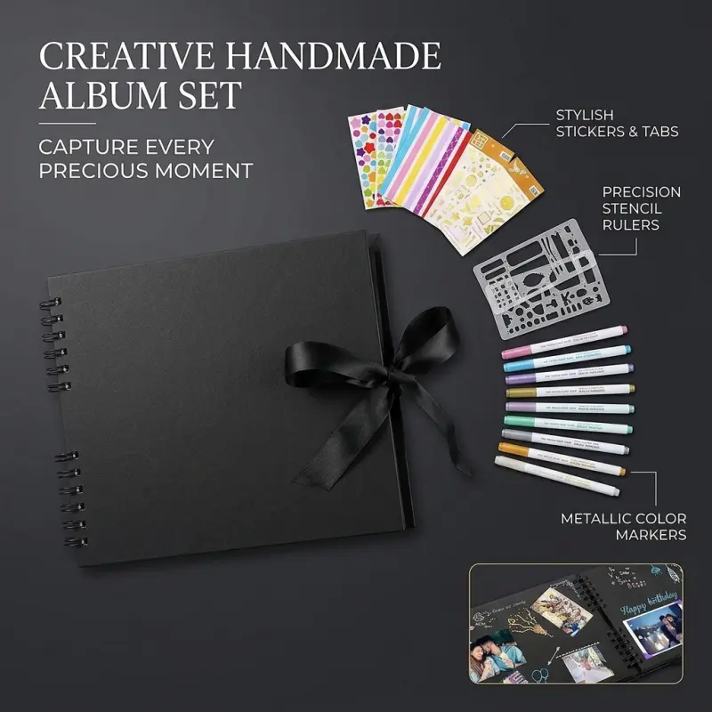 Black Spiral-Bound DIY Scrapbook Album Kit with Ribbon Closure, Complete Memory Book Set with Markers, Stickers & Stencils for Personalized Photo Journaling, Wedding, Anniversary & Travel Memories, Scrapbooking Supplies