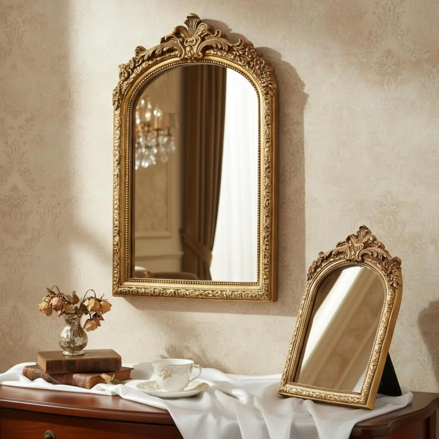 2 Pcs Small Gold Mirror Vintage Decorative Wall Mirror 10 x 6.8 and 8.5 x 6 Inch Desk Makeup Mirrors Antique Hanging Mirrors with Stand for Bedroom Living