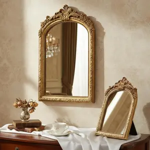 2 Pcs Small Gold Mirror Vintage Decorative Wall Mirror 10 x 6.8 and 8.5 x 6 Inch Desk Makeup Mirrors Antique Hanging Mirrors with Stand for Bedroom Living