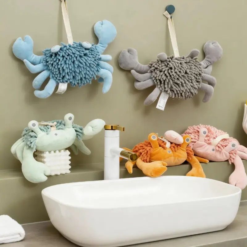 1 Cute Crab Hanging Hand Towel, Soft Chenille 100% Polyester Towel, Super Absorbent Microfiber Quick Drying Tea Towel, Wall Mount for Kitchen Bathroom, Home Essentials, Bath Supply, Neo Bathroom, Graduation Gifts, Business Trip Travel Towel