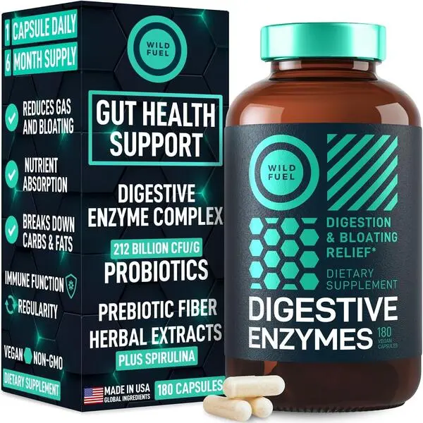 Complete Digestive Enzymes Supplement for Women & Men, 800mg Vegan Formula with Probiotics & Prebiotics, Supports Gut Health, Digestion & Bloating Relief with Artichoke, Ginger & Papaya, 180 Capsules