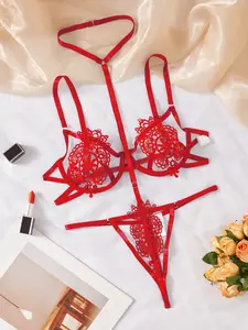 Women's Sexy Lingerie Set (Underwire & Thong), Embroidery Hollow Out Design, apple shape girl Sheer See-Through Outfit, Perfect for Private Parties apple shape girl dormir elegante