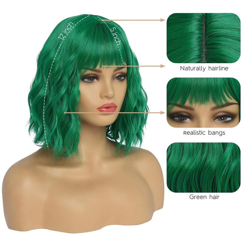 BESTUNG Short Green Wigs for Women Green Wavy Bob Wig with Bangs Medium Length Synthetic Hair Water Wave Dark Roots Wig Gray Colorful Wigs（12inch）