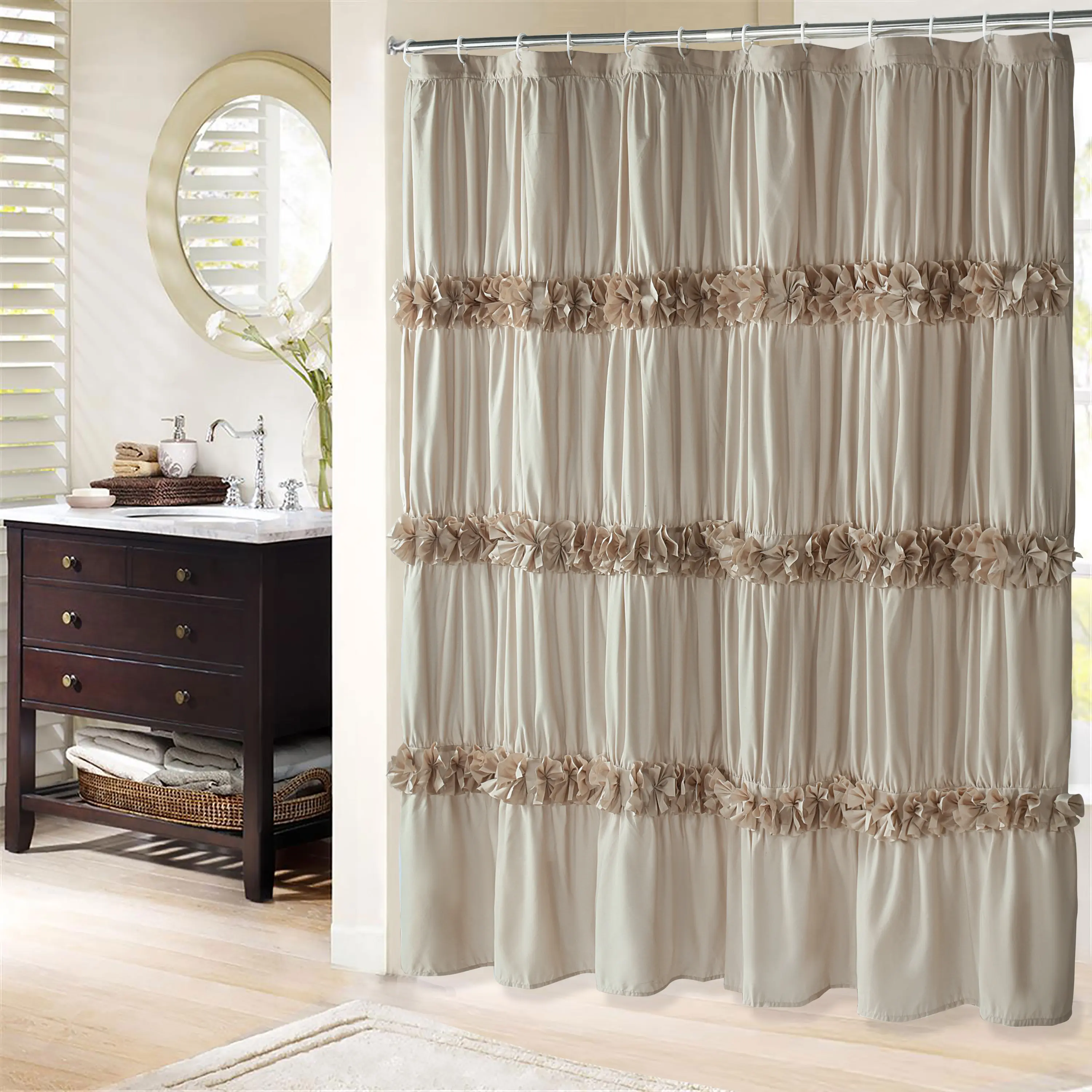 HIG Chic Ruffled Fabric Shower Curtain, French Country Floral Microfiber Bath Curtain for Guest Bathroom, 1 PC Flower Butterfly Washable