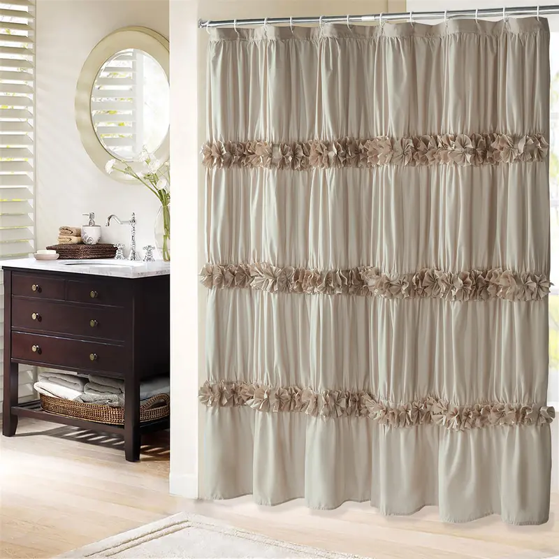 HIG Chic Ruffled Fabric Shower Curtain, French Country Floral Microfiber Bath Curtain for Guest Bathroom, 1 PC Flower Butterfly Washable