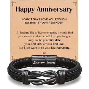 Anniversary Love You Forever Gifts for Men, Leather Bracelet for Him Husband Boyfriend