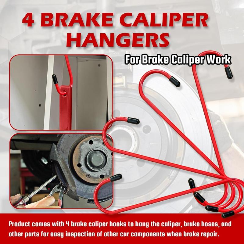 Piston Compressor Kit with 2 Steel Plates & 4 Caliper Hooks,Brake Caliper Compression Tool with 360° Ratchet,  Fits Single Twin Quad Sextuplet Disc Brakes, Red Brake Caliper Press Tool