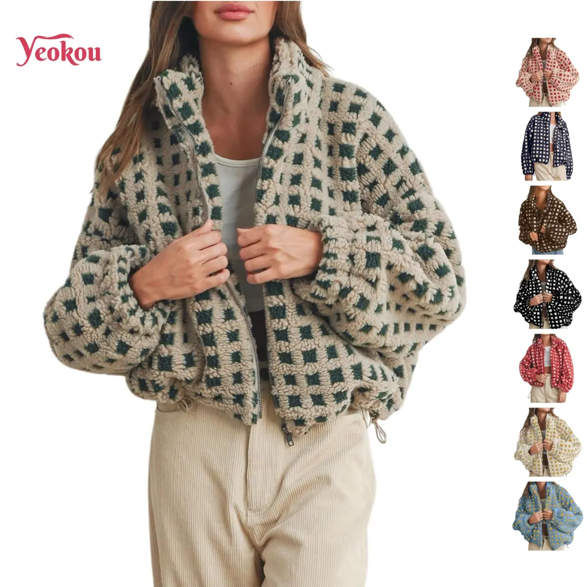 Yeokou Women Winter Fleece Jacket Plaid Fleece Warm Coat Long-sleeve Zippered Sherpa Jacket with Pockets