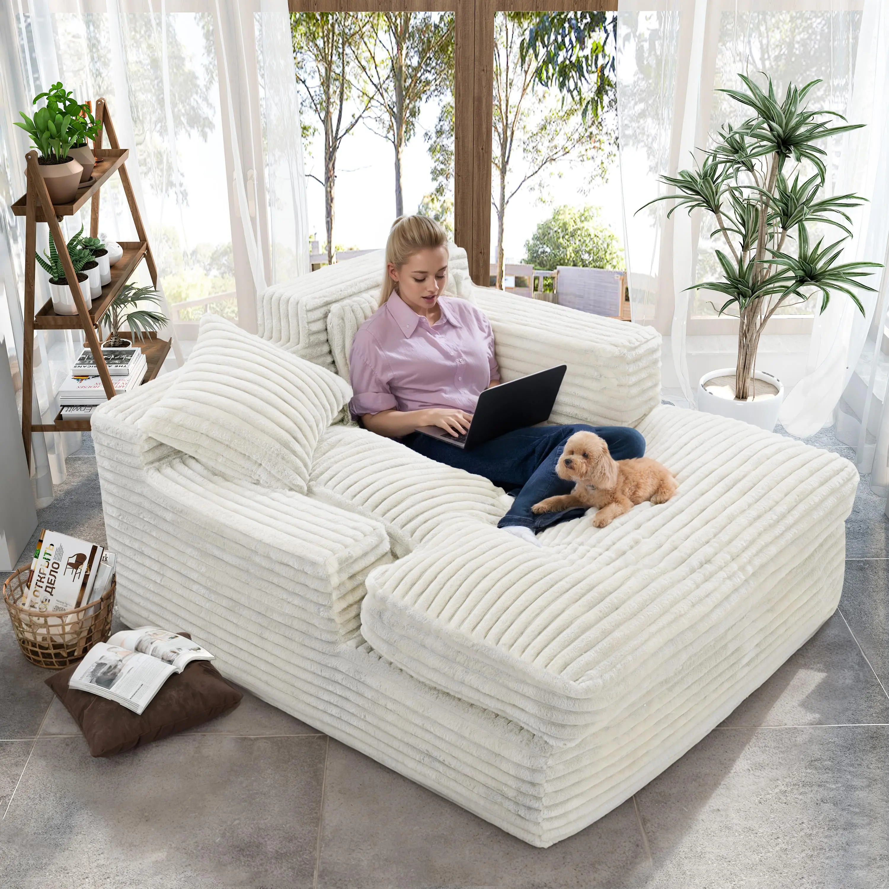 Sturdy Oversized Cloud Chenille Plush Sleeper Chair Chaise Lounge with Armrests & Throw Pillows - 2-Package Shipping Indoor Sleeper Sofa Bed, Cozy Floor Couch for Living Room, Bedroom