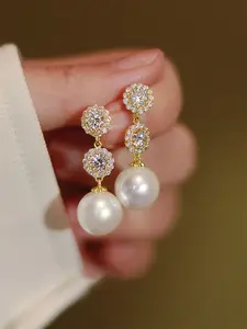 Faux Pearl & Rhinestone Decor Dangle Earrings, Elegant Flower Design Drop Earrings for Women, Fashion Jewelry for Party, Daily Clothing Decor, Trendy All-match & Exquisite Jewelry for Birthday Gift