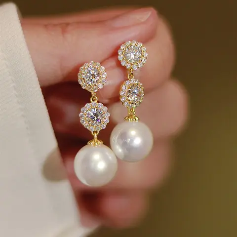 Faux Pearl & Rhinestone Decor Dangle Earrings, Elegant Flower Design Drop Earrings for Women, Fashion Jewelry for Party, Daily Clothing Decor, Trendy All-match & Exquisite Jewelry for Birthday Gift, Statement Earring
