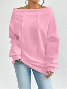 Elegant Women's Plus Size Shoulder-Exposed Sweatshirt, Drawstring Design, Adjustable, Long Sleeve, Casual Fall & Winter Top, Multiple Colors Available