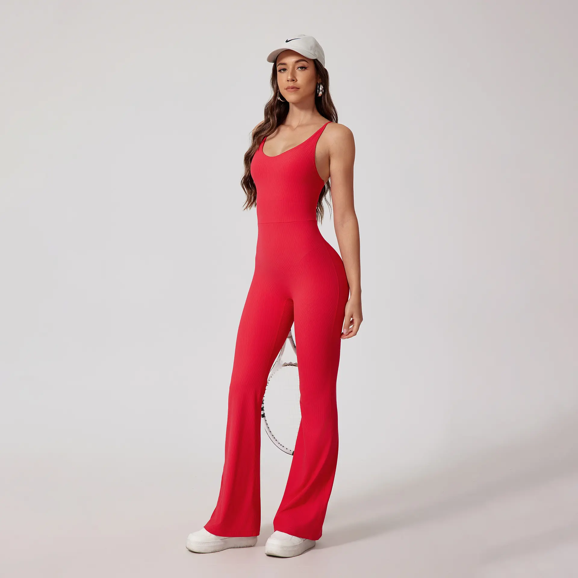 Women's U-Neck Spaghetti Strap Ribbed Flared Leg Jumpsuit, Seamless Tummy Control High-Stretch Workouts Bodysuit