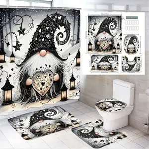 1/4pcs Gnome Heart Garden Black White Bathroom Curtain Set, Shower Curtain Sets - Swirling Vines Lanterns Star Decor, Round Nose Gnome with Pattern, Matching Bath Mats Toilet Seat Cover - Gnome Themed Bathroom Decor for Valentine