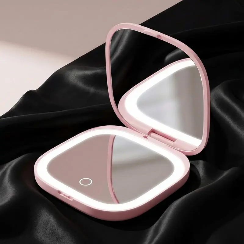 Double Sides Touch Travel Led 3 Colors Mini Foldable Cosmetic Charge Makeup Mirror With Light 2X Magnifying Compact Handheld Lipstick