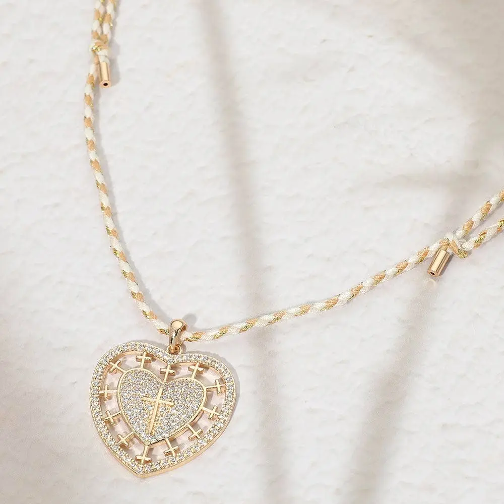 Heart Cross Pendant Twisted Thread Adjustable Necklace