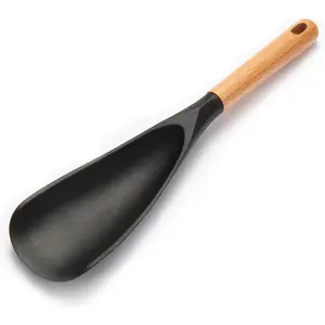 Heat-Resistant Nonstick Cookware Wooden Handle Utensil - 11.4'' Black Cooking Spoon for Mixing, Flipping, Scraping, Serving, Baking (1-Pcs), Utensils