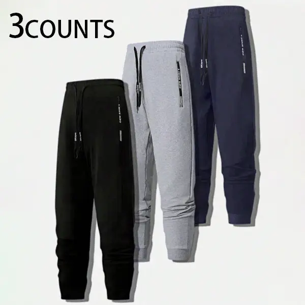 3COUNTS Men's Jogger Pants Four Seasons Elastic Closure Stretch Zipper Pocket Sports Pants Breathable Simple Sweatpants Menswear Trouser Beige Plain