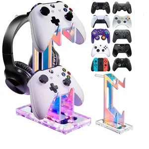 NiHome Iridescent Acrylic Multi-Tier Game Controller & Headset Holder Stand with Customizable LED Lighting, USB-Powered 7 Colors & 3 Modes, Anti-Slip Gaming Desk Organizer & Cable Management(2 Tiers)