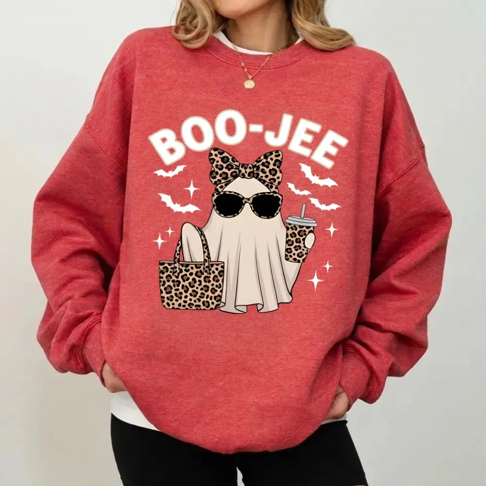 Boo-Jee Ghost Sweatshirt, Leopard Ghost Crewneck, Cute Ghost Graphic Sweatshirt, Spooky Season Pullover, Pumpkin Spice Coffee Sweatshirt, Cozy Fall Outfit, Halloween Gift for Women-DarkFlex