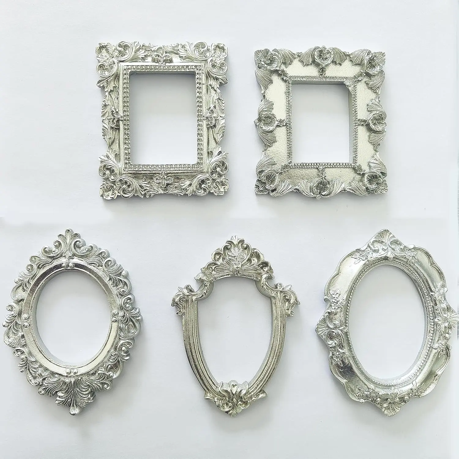 5Pack Mini Frames - Gold/Silver Small Vintage Flower Round Rectangle Baroque Picture Frame Table Top Jewelry Display Frame for Christmas Holiday Party Hotel Decor(without Glass or Backing) Mini style - Home Improvement.