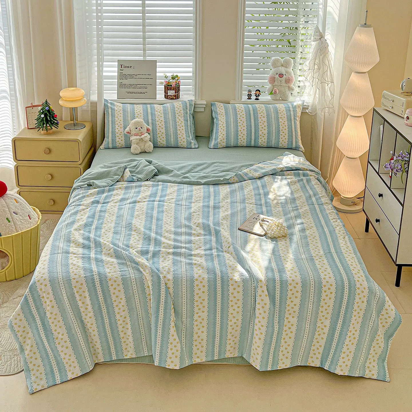 4pcs Cotton Checkered Print Bedding Set, Breathable Summer Quilt Cover, Comfortable Princess Style, Cool and Refreshing Wind