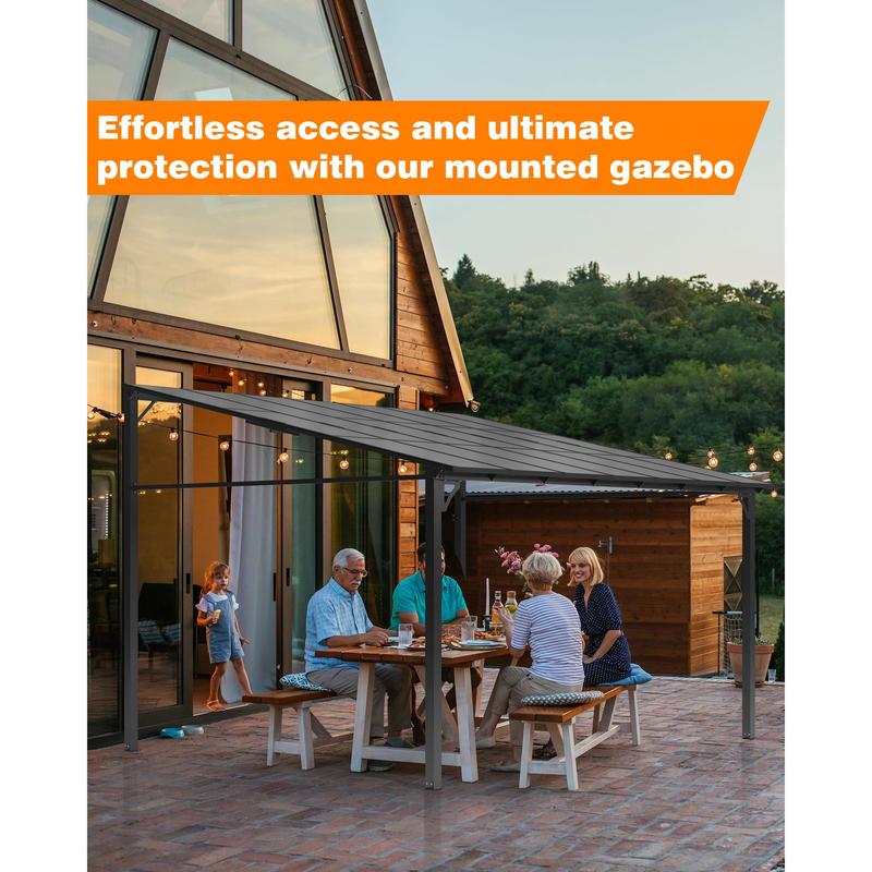 GARVEE 10x12FT Lean to Gazebo, Hardtop Wall Pergola with Polycarbonate Roof, Aluminum Frame Mounted Gazebo for Lawn Patio Deck Yard and Party