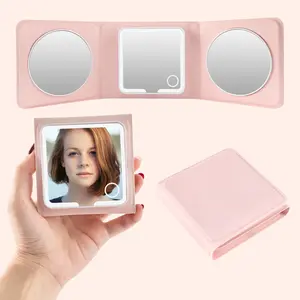 PU Tri-Fold Makeup Mirror with Lights – Dimmable Portable Cosmetic Mirror, 5X/10X Magnifying, Pink Travel Folding Mirror for Handheld & Desktop Use